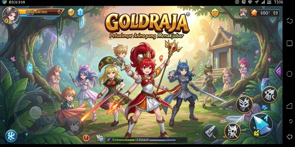 Screenshot gameplay GOLDRAJA menampilkan aksi karakter dalam dunia Anime yang penuh warna.