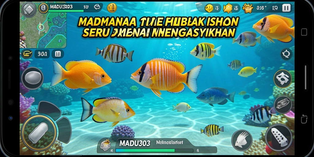 Tangkapan layar menunjukkan pemain menangkap ikan dengan senjata di bawah laut.