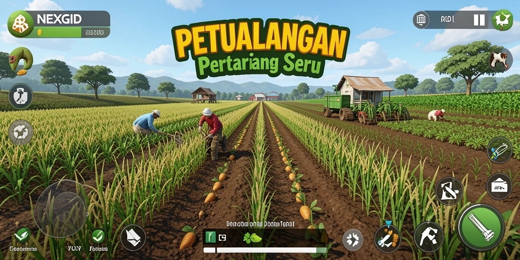 Tampilan gameplay NEXGID yang menampilkan aktifitas pertanian yang seru.