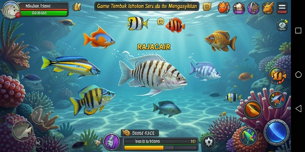 Screenshot utama RAJACAIR menampilkan aksi seru dalam menembak ikan.