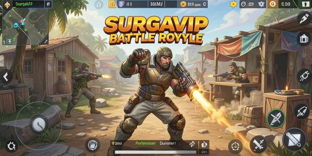 Tangkapan layar gameplay SURGAVIP menunjukkan aksi seru dalam arena Battle Royale.