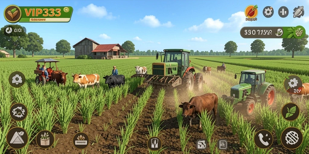 Screenshot gameplay VIP333 menampilkan ladang yang subur dan hewan ternak yang ceria.